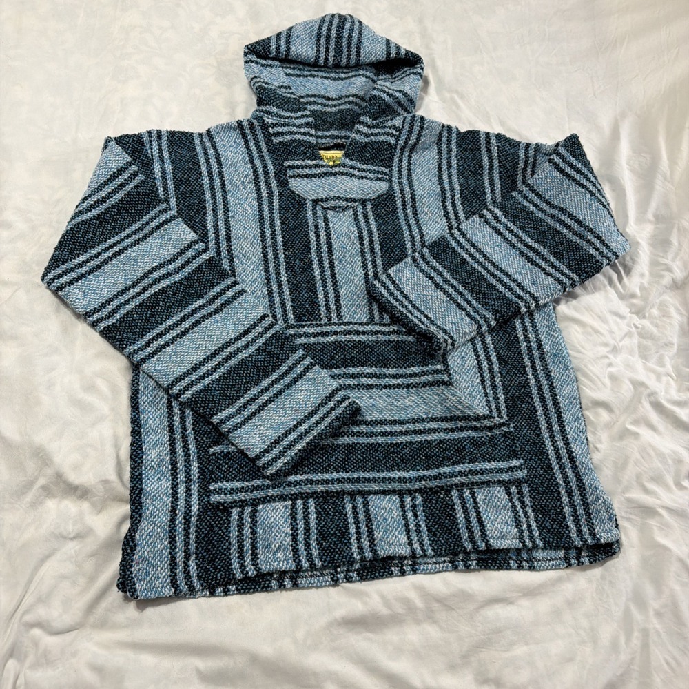 Vintage Iguana‎ Jack Pullover Baja Hoodie Womens XS Knit Pockets Striped Blue